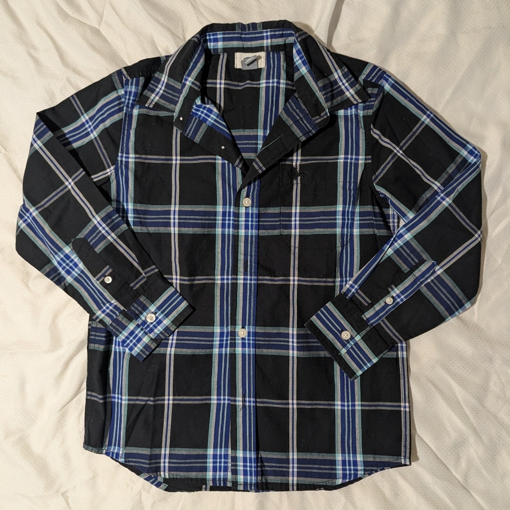 Old Navy Kids Boys Medium Plaid Checkered Black Long Sleeve Button-Down Shirt